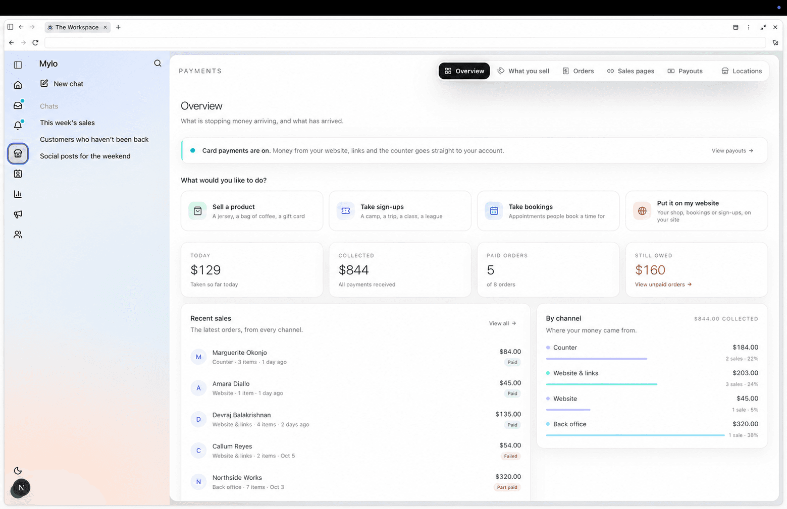 Mylo business platform showing payments, orders, bookings, and sales reporting