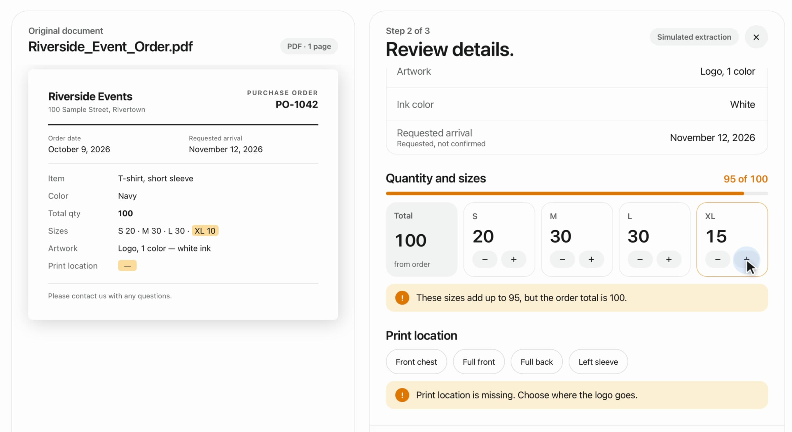 PressReady flagging a size breakdown that does not match the order total and a missing print location