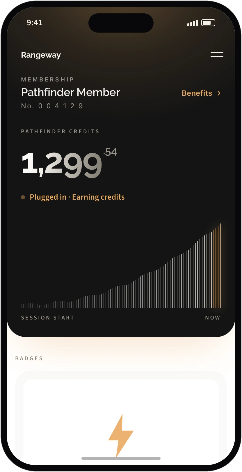 Rangeway app showing Pathfinder credits earned during a charging session