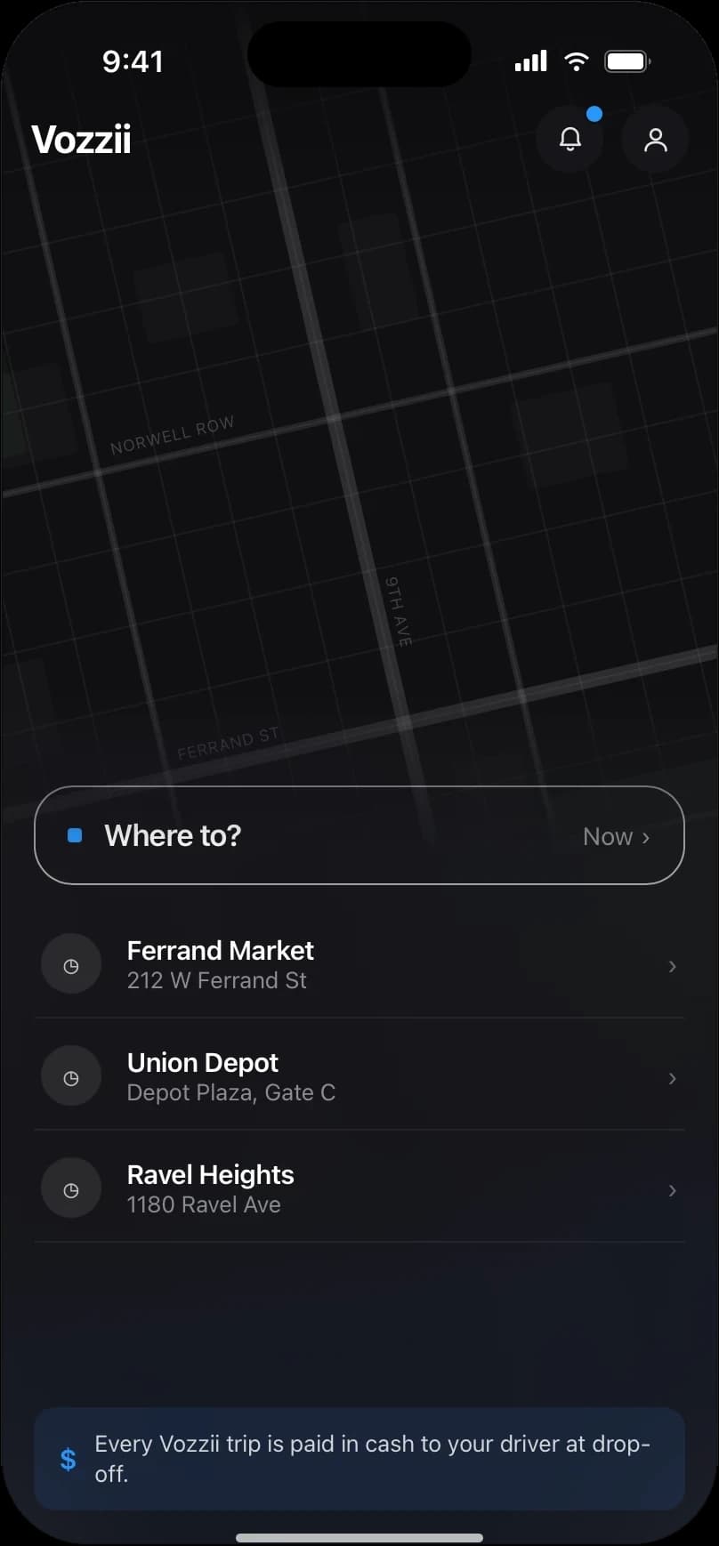 Vozzii app home screen with a map, Where to? search, and recent places