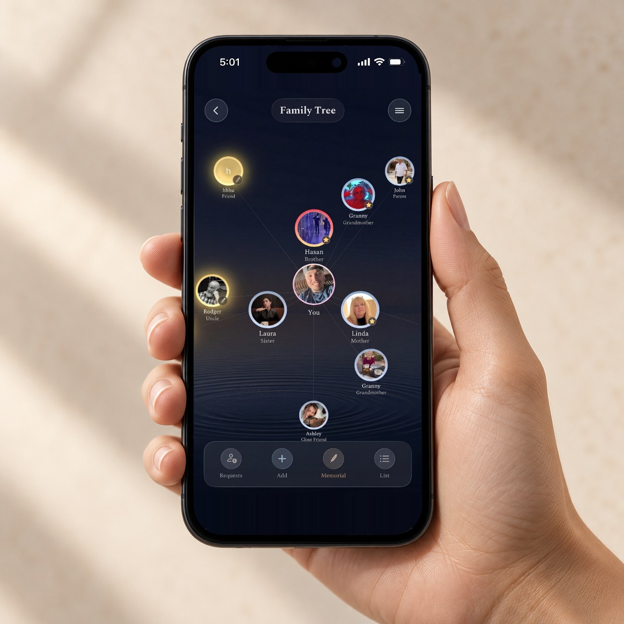 Hand holding a phone showing Forevermore: Family connections