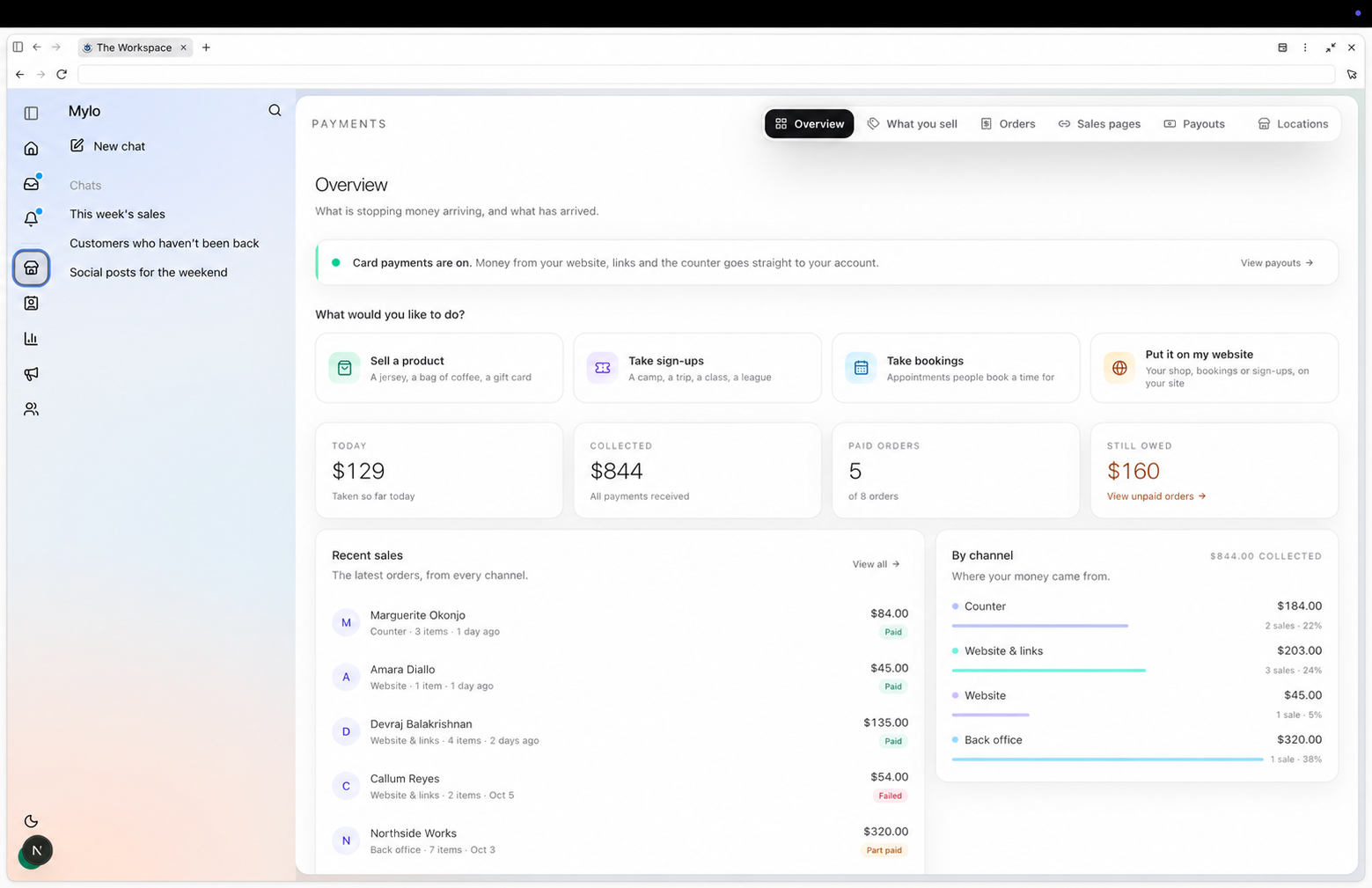 Mylo payments overview with sales actions, recent orders, and channel reporting