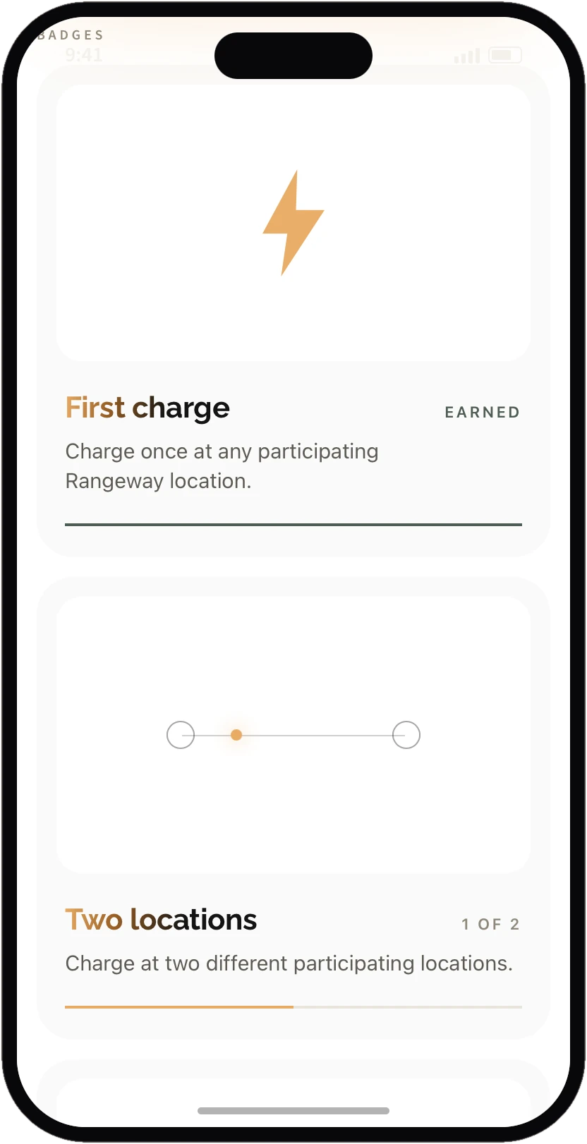 Rangeway badges for first charge and two locations