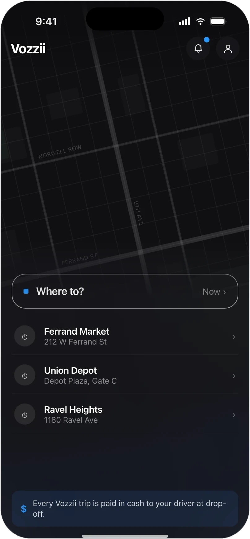 Vozzii home screen with a map, Where to? search, and recent places