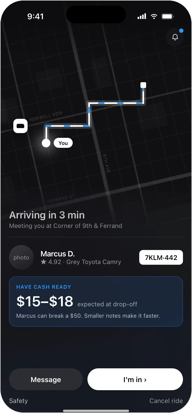Vozzii pickup screen with route, driver details, and expected cash fare